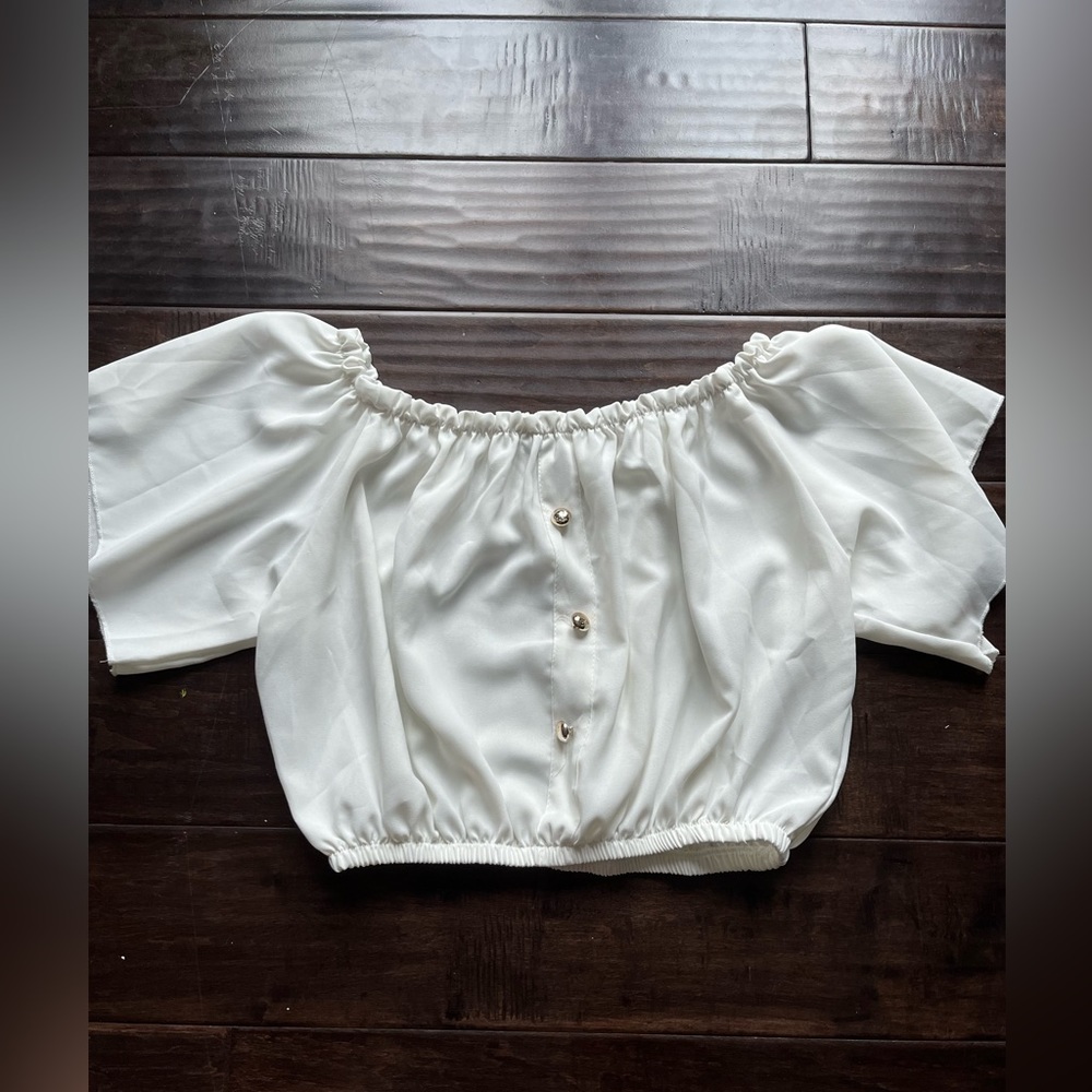 Cropped, off the shoulder white blouse